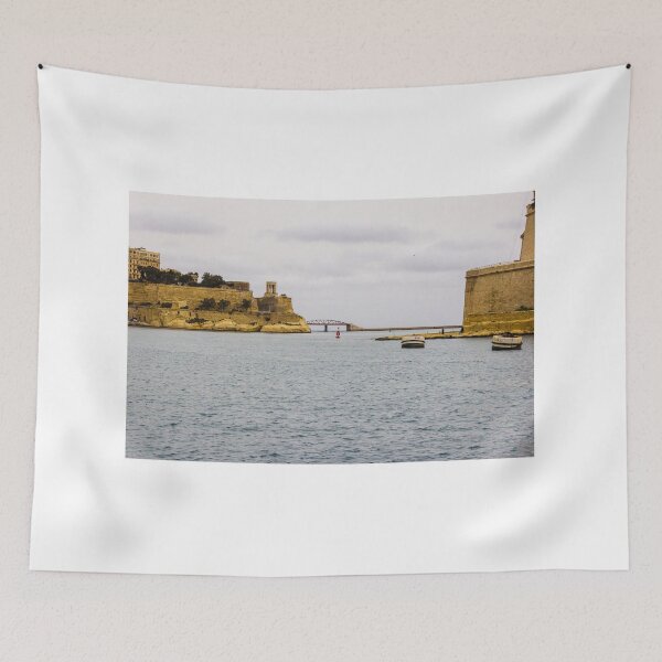 Item preview, Historic Fortress By Calm Sea With Boats And Bridge In Coastal Mediterranean Scene designed and sold by Nmallia.