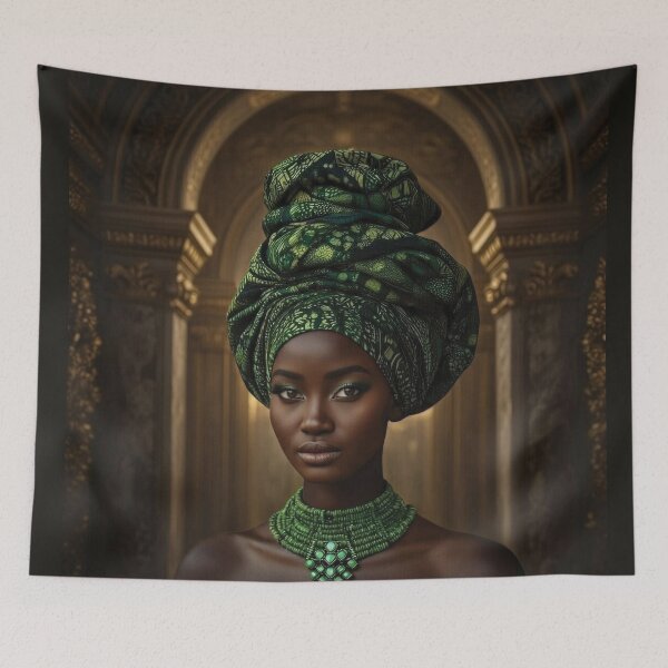 Item preview, Elegant African Woman in Green Gele Headwrap Portrait designed and sold by Foxglovers Studio .