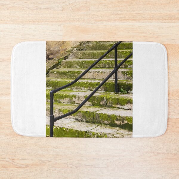 Item preview, Weathered Stone Staircase With Black Railings and Potted Plant in Historic Exterior Town Setting designed and sold by Nmallia.