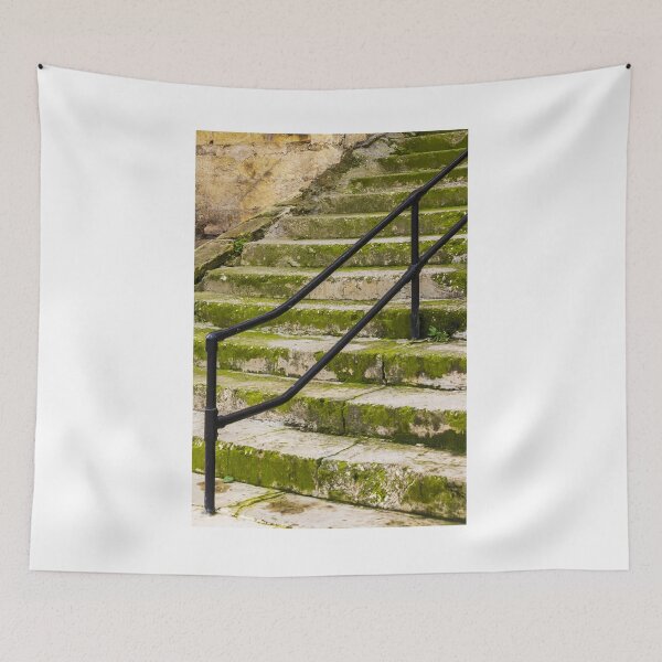 Item preview, Weathered Stone Staircase With Black Railings and Potted Plant in Historic Exterior Town Setting designed and sold by Nmallia.