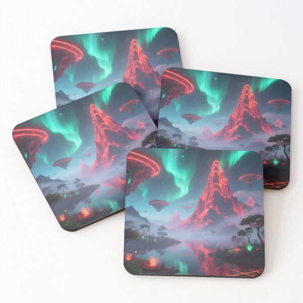 Item preview, Futuristic neon mountain landscape with northern lights - Synthwave style designed and sold by SynthstarShop.