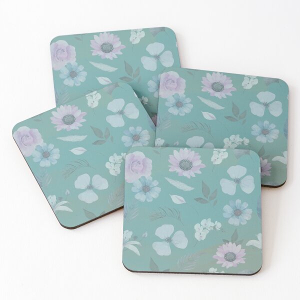 Item preview, Stylized flowers and botanical elements in pastel shades of purple, blue, and white on a teal background. designed and sold by Giree07.