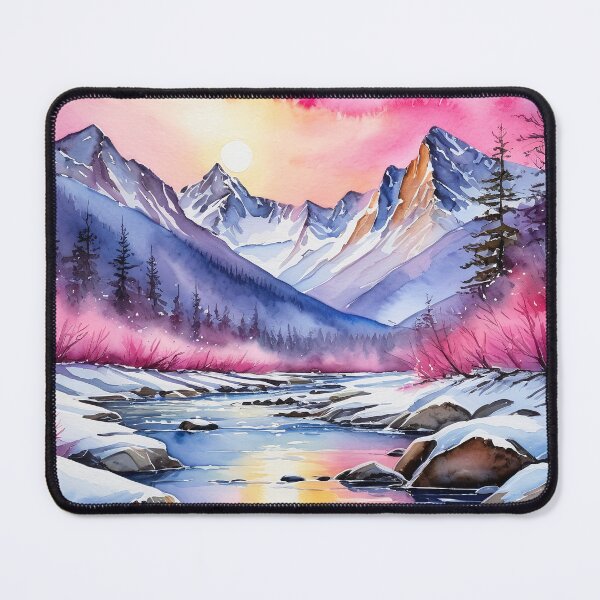 Item preview, Winter Mountain Sunset | Ethereal Pink Sky Watercolor Landscape Art designed and sold by DesignsByDessie.