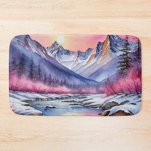 Item preview, Winter Mountain Sunset | Ethereal Pink Sky Watercolor Landscape Art designed and sold by DesignsByDessie.