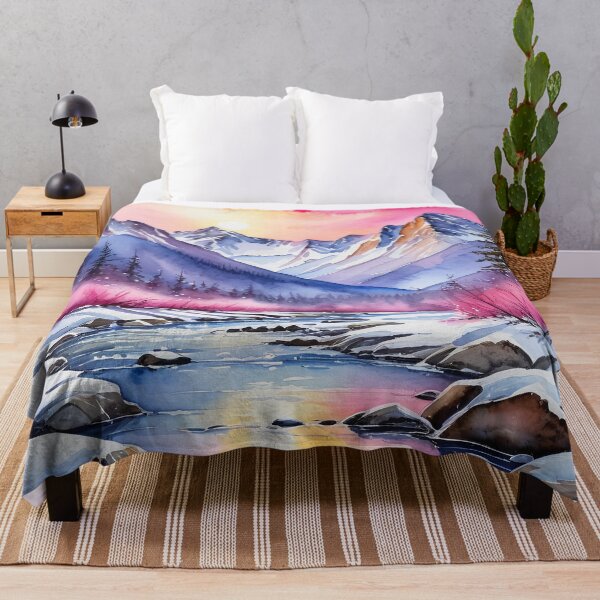 Item preview, Winter Mountain Sunset | Ethereal Pink Sky Watercolor Landscape Art designed and sold by DesignsByDessie.