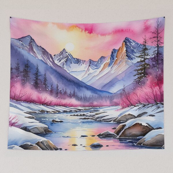 Item preview, Winter Mountain Sunset | Ethereal Pink Sky Watercolor Landscape Art designed and sold by DesignsByDessie.