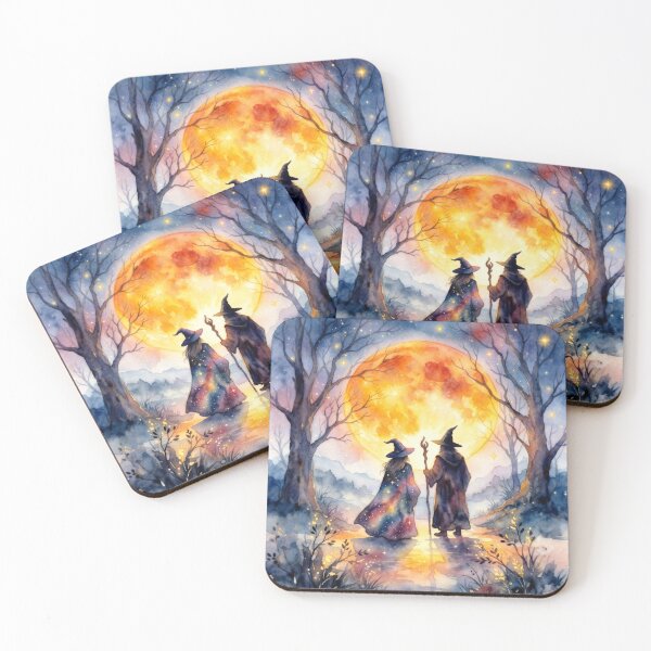 Item preview, Celestial Witches Beneath the Golden Moon – Watercolor Fantasy Art designed and sold by AbstractAuraArt.
