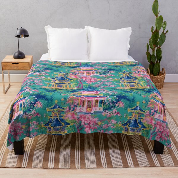 Item preview, Preppy pagoda garden and cherry blossom on turquoise designed and sold by SophieClimaArt.