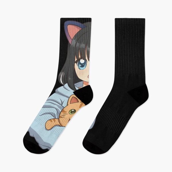 Item preview, Kawaii Anime Girl with Cat Ears Holding Ginger Tabby Kitten Art designed and sold by DrawHandArt.
