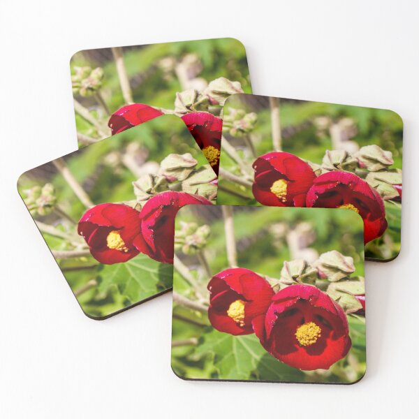 Item preview, Bright Red Hibiscus Flowers With Yellow Centers In Green Garden Setting designed and sold by Nmallia.