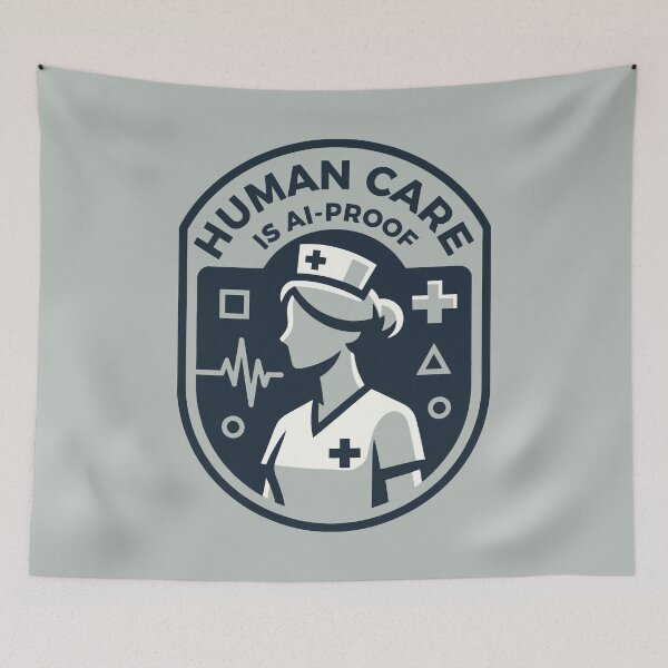 Item preview, Human Care Is AI-Proof Nursing Student and Registered Nurse Badge designed and sold by SplashTastic.