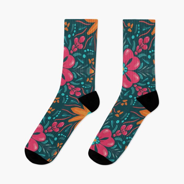 Item preview, Boho Folk Floral Seamless Pattern – Magenta & Orange Flowers on Dark Lagoon Teal designed and sold by MFGB-Creations.