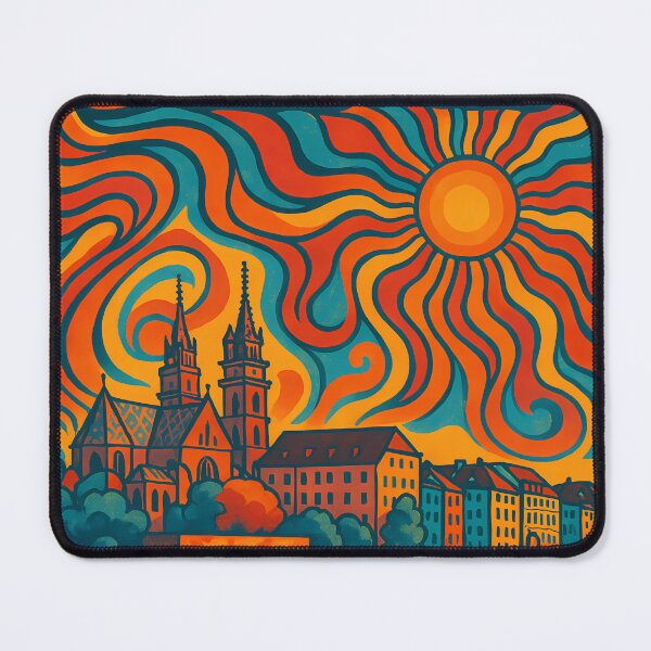 Item preview, Trippy Psychedelic Poster of Basel | Neon Rhine River Vision | Surreal Swiss Urban Art designed and sold by PaintedPixels01.