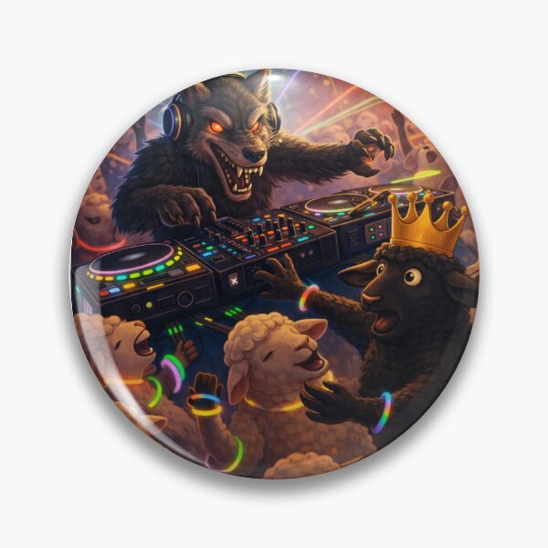 Item preview, Wolf DJ and Party Sheep - Animal Rave Fantasy Illustration with Crowned Black Sheep designed and sold by ARTGENERATESART.
