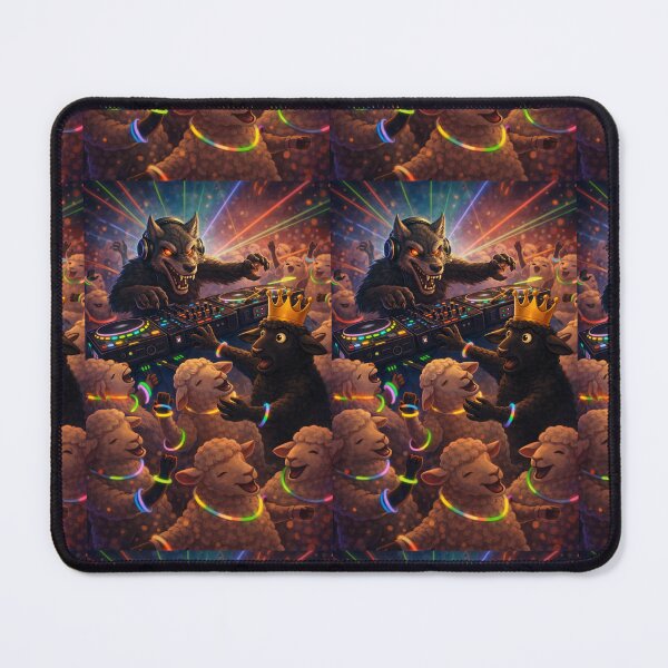 Item preview, Wolf DJ and Party Sheep - Animal Rave Fantasy Illustration with Crowned Black Sheep designed and sold by ARTGENERATESART.