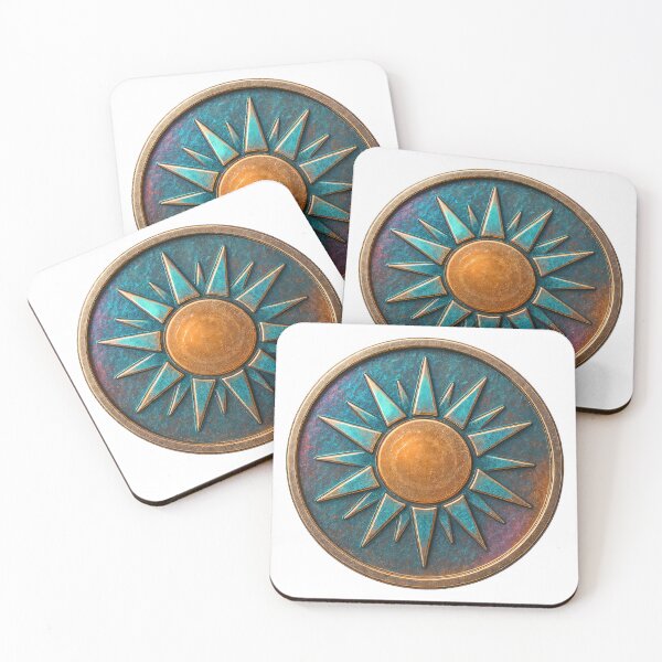 Item preview, Vibrant sun symbol with bronze and blue tones on circular plaque designed and sold by Creative88Art.