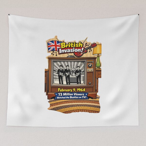 Item preview, British Invasion 1964 Cartoon TV Poster, Beatles on Ed Sullivan Tribute, Union Jack and Gretsch Guitar Pop Art, Retro 60s Music History Decor designed and sold by TerScott.