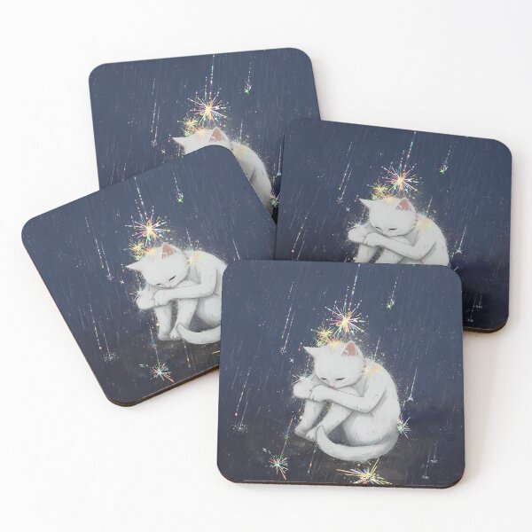 Item preview, Magical white cat in a shower of stars – Dreamy fantasy illustration at night designed and sold by Print-Zoo.