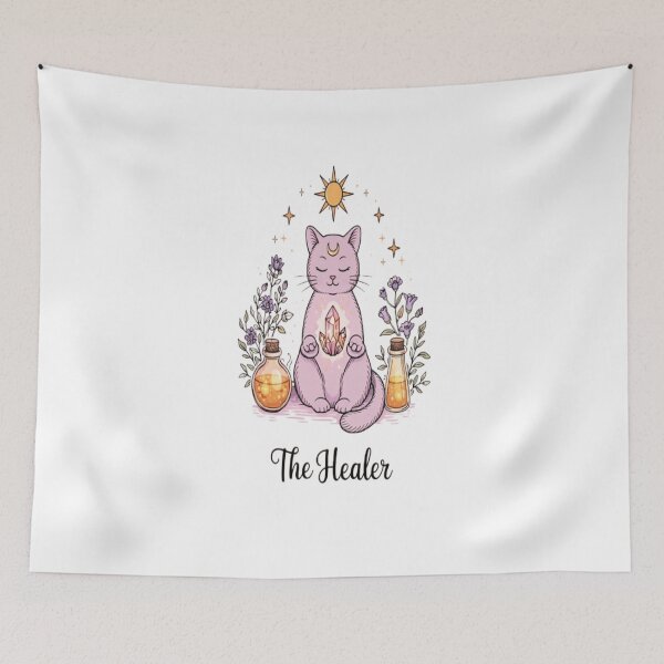 Item preview, The Healer Cat – Spiritual Crystal Cat Illustration with Moon & Stars designed and sold by ELVIN DESIGNS.