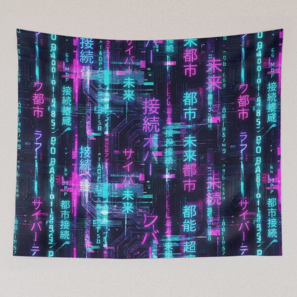 Item preview, Neon Kanji Rain - Cyberpunk Data Pattern designed and sold by Neon Nature Studio.