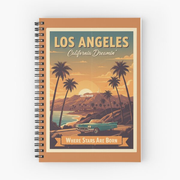 Aperçu de l'œuvre Affiche de voyage rétro vintage de Los Angeles – Impression artistique California Dreamin’ Coastal Sunset, motif de voiture classique Hollywood Hills pour les amoureux de la plage et de la décoration rétro créée et vendue par Eclipse 3699.