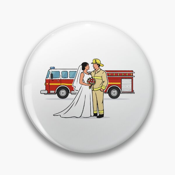 Item preview, Firefighter Wedding Couple Illustration – Bride and Fireman Groom with Red Fire Truck, First Responder Love Art designed and sold by BrainBubbleArt.