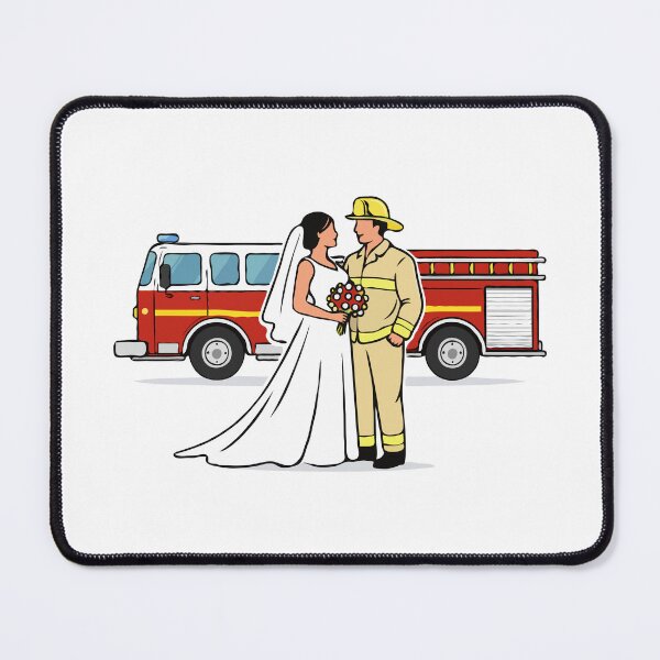 Item preview, Firefighter Wedding Couple Illustration – Bride and Fireman Groom with Red Fire Truck, First Responder Love Art designed and sold by BrainBubbleArt.