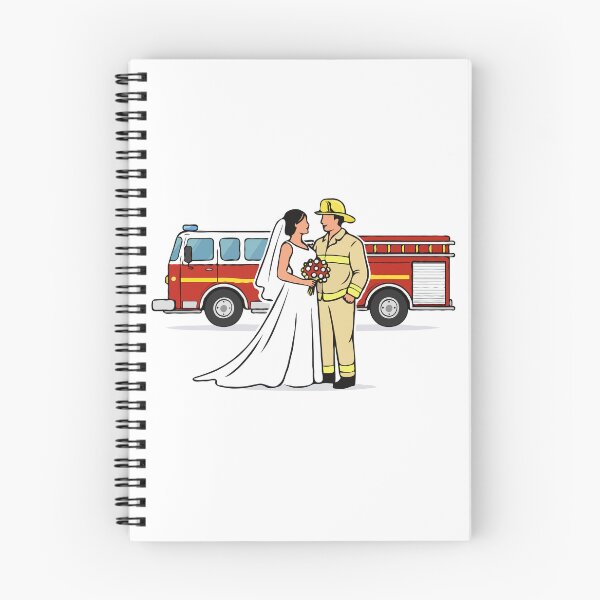 Item preview, Firefighter Wedding Couple Illustration – Bride and Fireman Groom with Red Fire Truck, First Responder Love Art designed and sold by BrainBubbleArt.