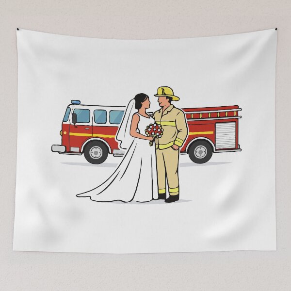 Item preview, Firefighter Wedding Couple Illustration – Bride and Fireman Groom with Red Fire Truck, First Responder Love Art designed and sold by BrainBubbleArt.