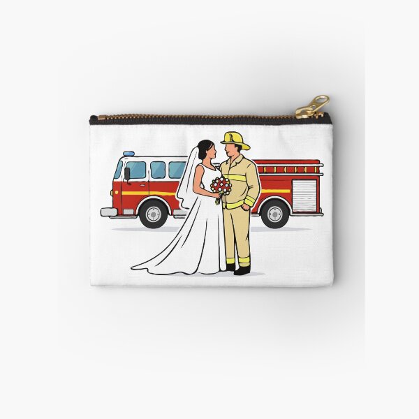 Item preview, Firefighter Wedding Couple Illustration – Bride and Fireman Groom with Red Fire Truck, First Responder Love Art designed and sold by BrainBubbleArt.