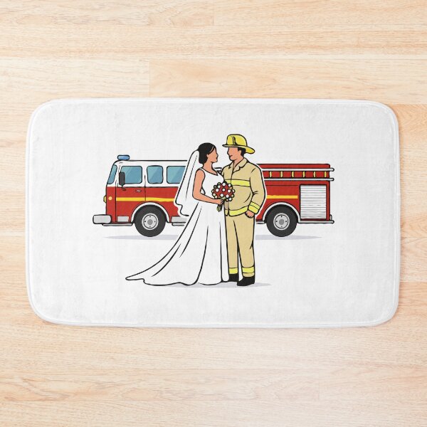 Item preview, Firefighter Wedding Couple Illustration – Bride and Fireman Groom with Red Fire Truck, First Responder Love Art designed and sold by BrainBubbleArt.