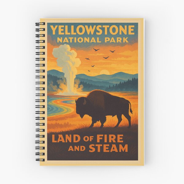 Item preview, Yellowstone National Park Vintage Poster – Retro Bison, Geyser, and Sunset Landscape Travel Print designed and sold by Eclipse 3699.