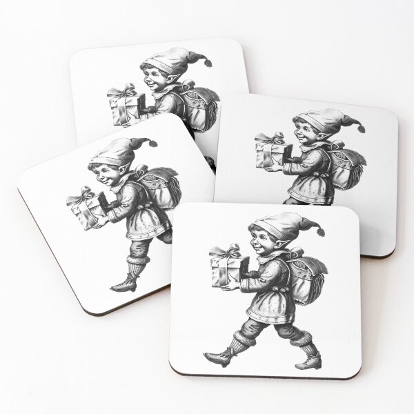 Item preview, Vintage Christmas Elf with Gift – Black and White Holiday Illustration designed and sold by inkoutninja.