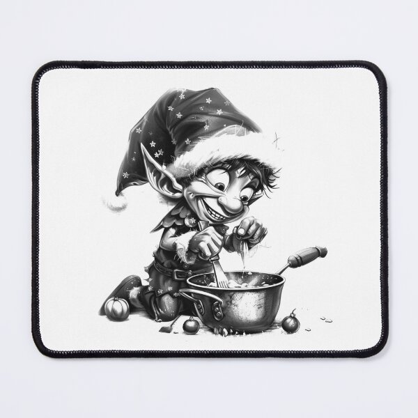 Item preview, Whimsical Christmas Elf Cooking – Black and White Holiday Illustration designed and sold by inkoutninja.