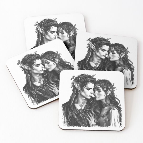 Item preview, Romantic Elven Couple – Black and White Fantasy Art Illustration designed and sold by inkoutninja.