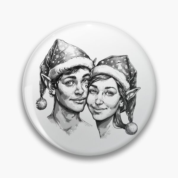 Item preview, Festive Elf Couple Portrait – Black and White Christmas Illustration designed and sold by inkoutninja.