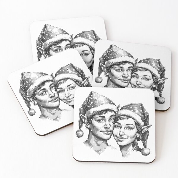 Item preview, Festive Elf Couple Portrait – Black and White Christmas Illustration designed and sold by inkoutninja.
