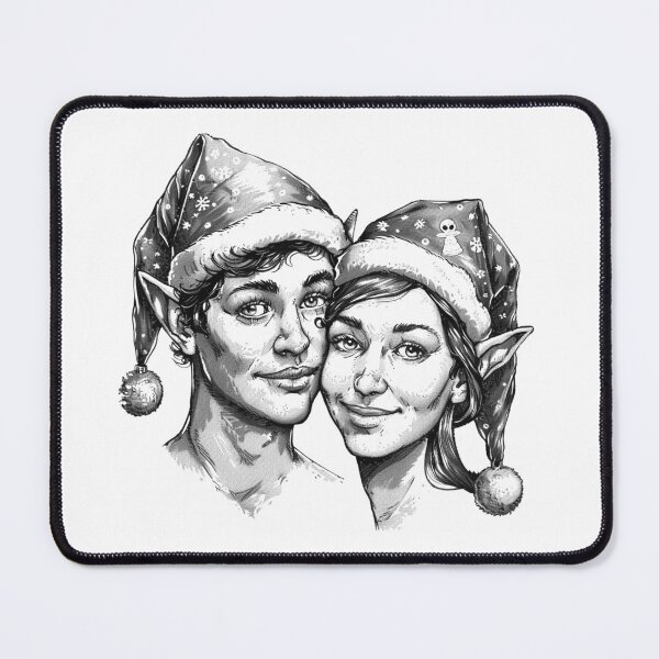 Item preview, Festive Elf Couple Portrait – Black and White Christmas Illustration designed and sold by inkoutninja.