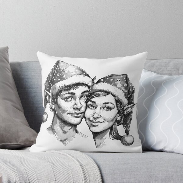Item preview, Festive Elf Couple Portrait – Black and White Christmas Illustration designed and sold by inkoutninja.
