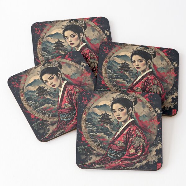 Item preview, Red Kimono Empress Japanese Temple Ink Art designed and sold by Neer arts.
