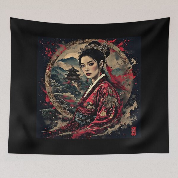 Item preview, Red Kimono Empress Japanese Temple Ink Art designed and sold by Neer arts.
