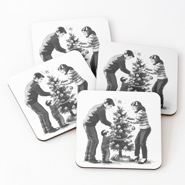 Item preview, Family Decorating Christmas Tree – Black and White Holiday Illustration designed and sold by inkoutninja.