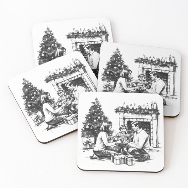 Item preview, Cozy Family Christmas Morning – Black and White Holiday Illustration designed and sold by inkoutninja.