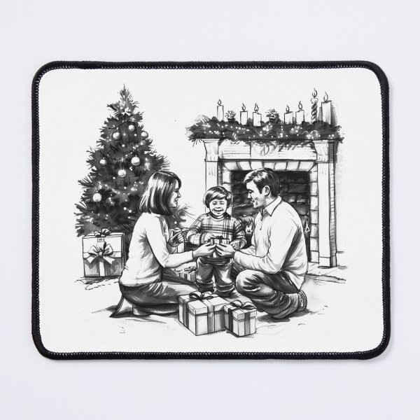 Item preview, Cozy Family Christmas Morning – Black and White Holiday Illustration designed and sold by inkoutninja.