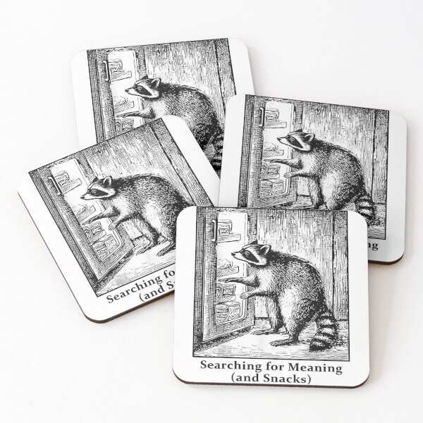 Item preview, Searching for Meaning and Snacks Funny Raccoon at Fridge Linocut Art designed and sold by GalenoHenley.