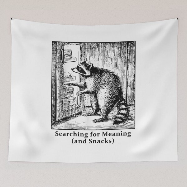 Item preview, Searching for Meaning and Snacks Funny Raccoon at Fridge Linocut Art designed and sold by GalenoHenley.
