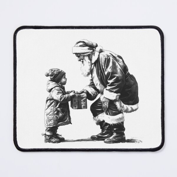 Item preview, Child Giving Gift to Santa – Black and White Christmas Illustration designed and sold by inkoutninja.