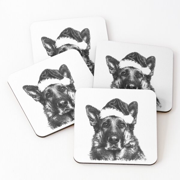 Item preview, German Shepherd in Santa Hat – Black and White Christmas Dog Illustration designed and sold by inkoutninja.