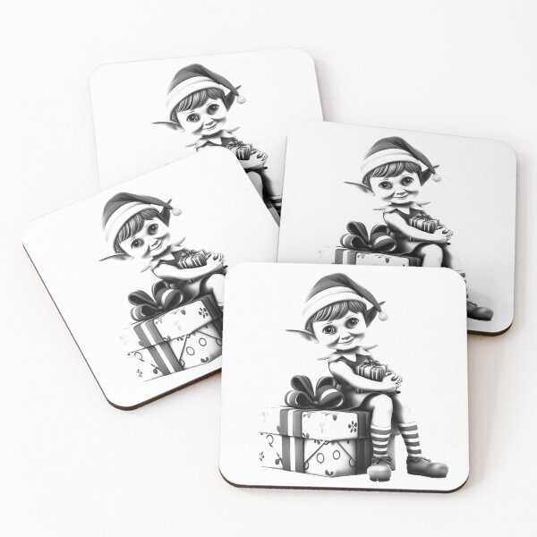 Item preview, Cute Christmas Elf Sitting on Gift – Black and White Holiday Illustration designed and sold by inkoutninja.