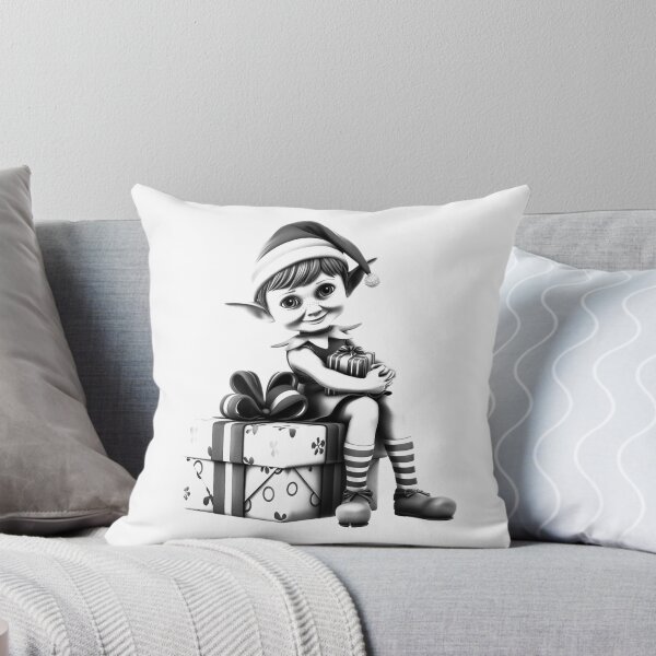 Item preview, Cute Christmas Elf Sitting on Gift – Black and White Holiday Illustration designed and sold by inkoutninja.